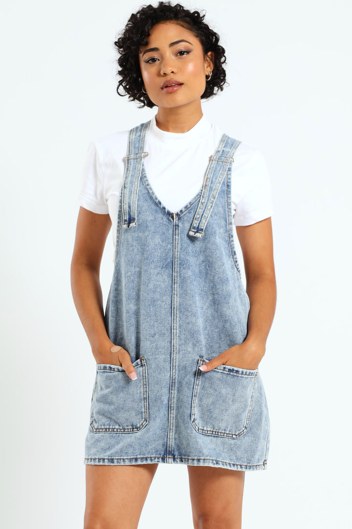 Denim Pinafore Dress - Mid Blue