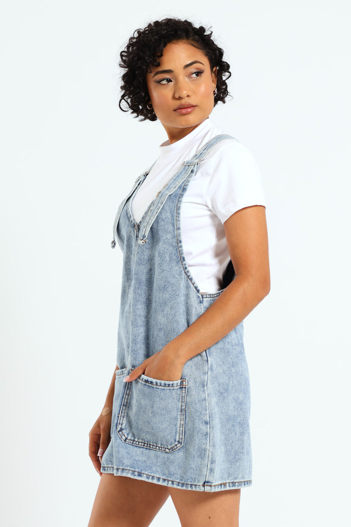 Denim Pinafore Dress - Mid Blue