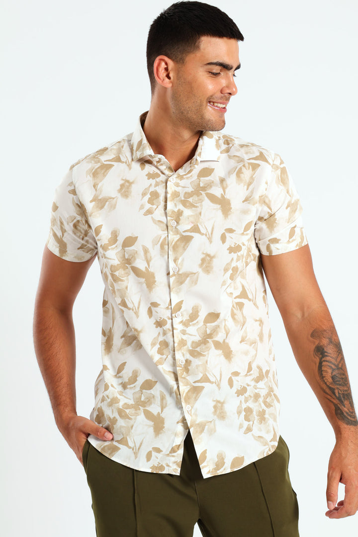 Short Sleeve Floral Shirt - White/Beige