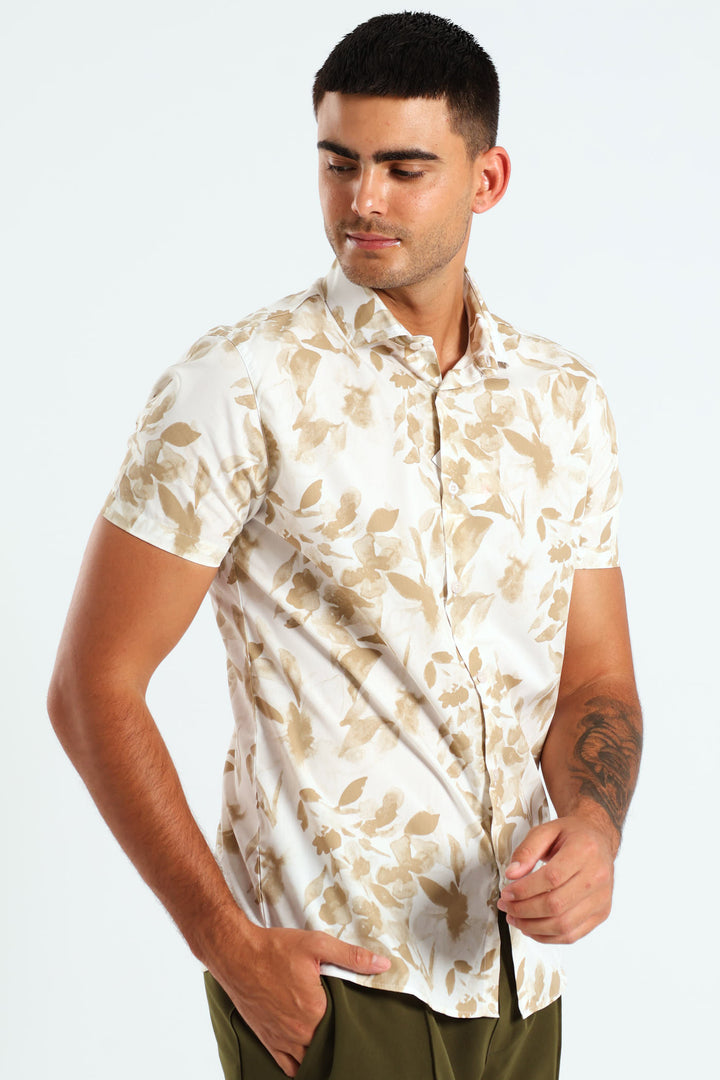 Short Sleeve Floral Shirt - White/Beige