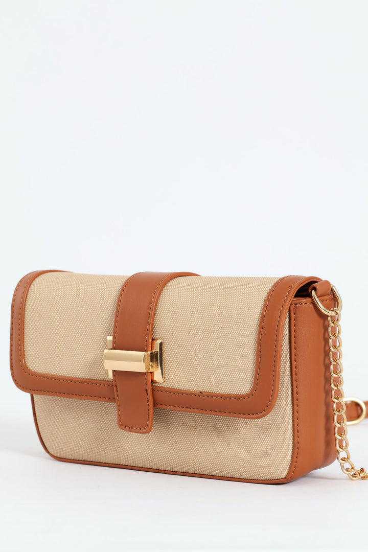 Front Tab Canvas Satchel Bag - Tan