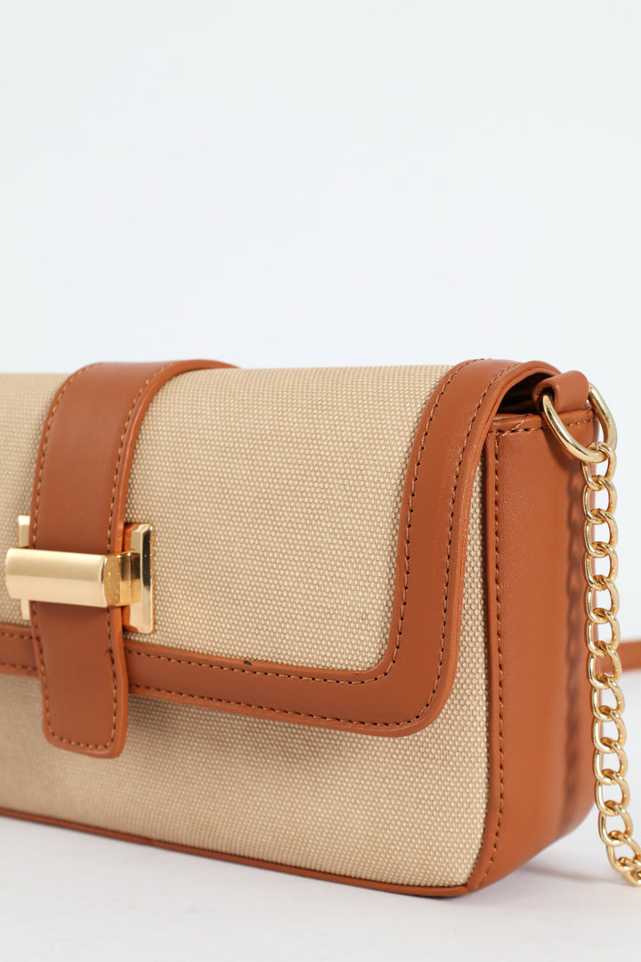 Front Tab Canvas Satchel Bag - Tan