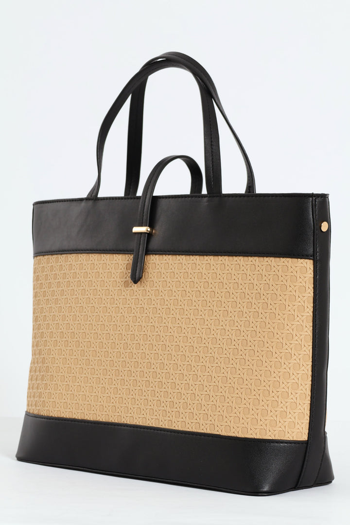 Wicker Detail Tote Bag - Black