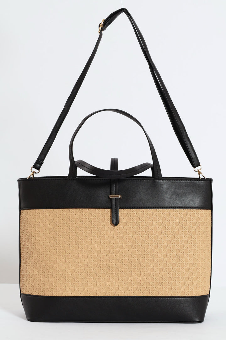 Wicker Detail Tote Bag - Black