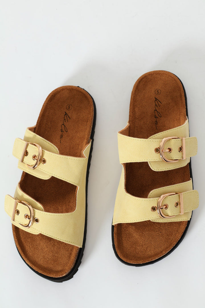 Plain Double Strap Mule Sandal With Buckle Detail - Yellow