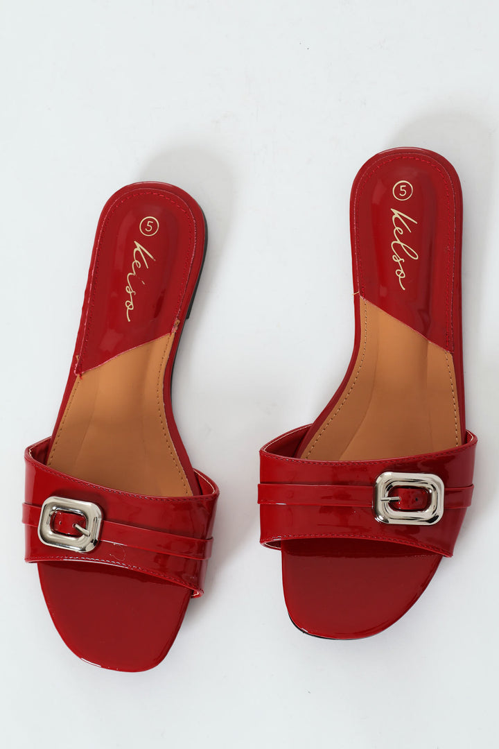 Square Toe Mule With Moudled Buckle Detail - Red