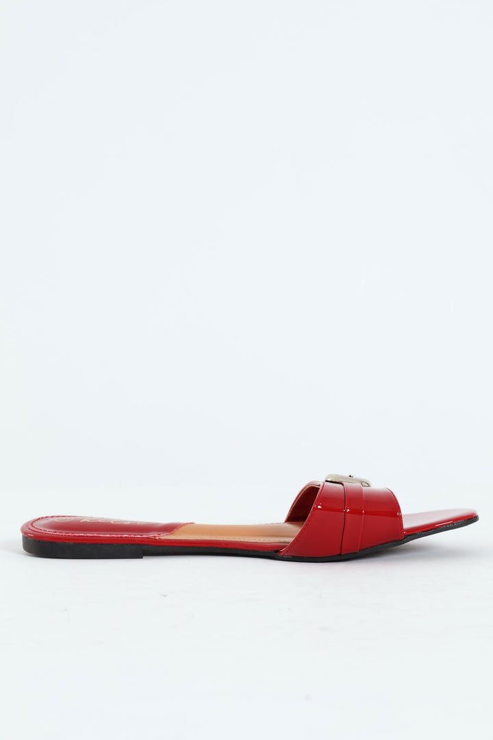 Square Toe Mule With Moudled Buckle Detail - Red