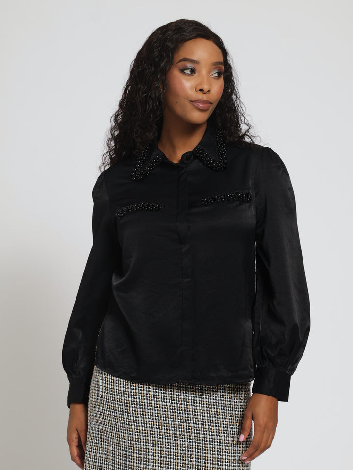 Long Sleeve Satin Pearl Detail Shirt - Black