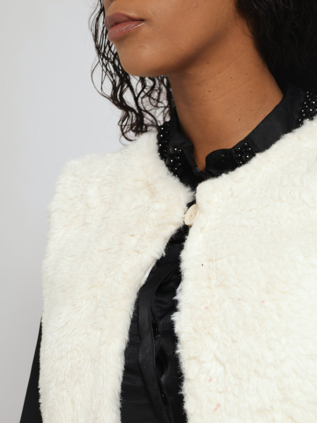 Fur Gilet Jacket With Patch Pockets - Vanilla