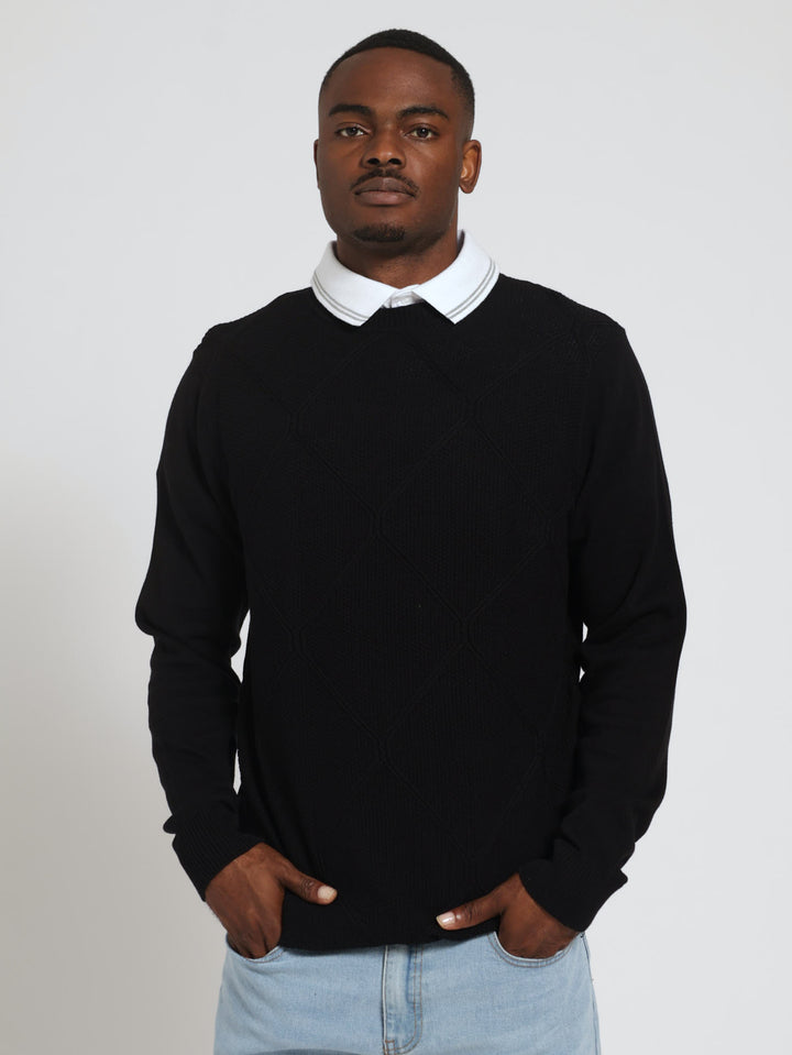 Long Sleeve Cable Crew Pullover - Black