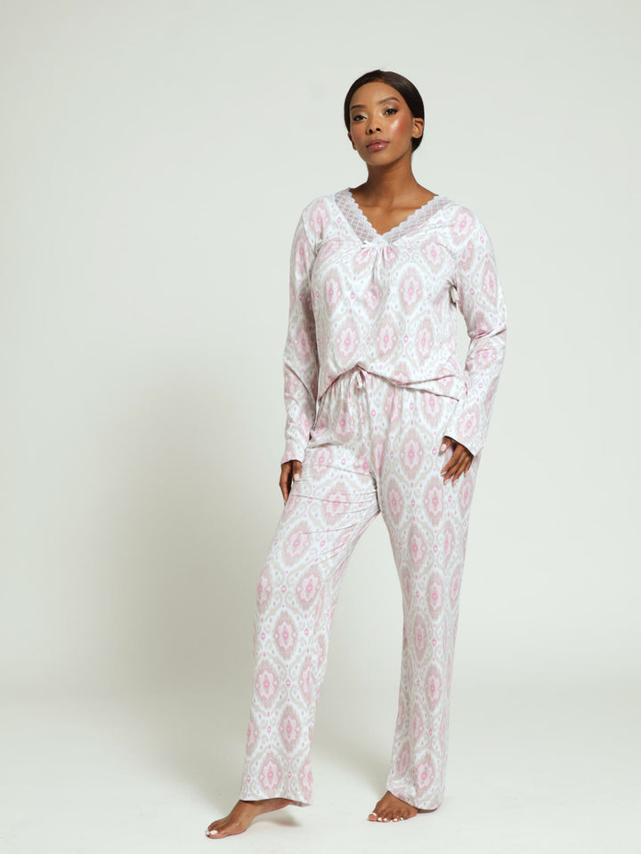 Long Sleeve Ditsy Pj Pant Set - Dusty Pink