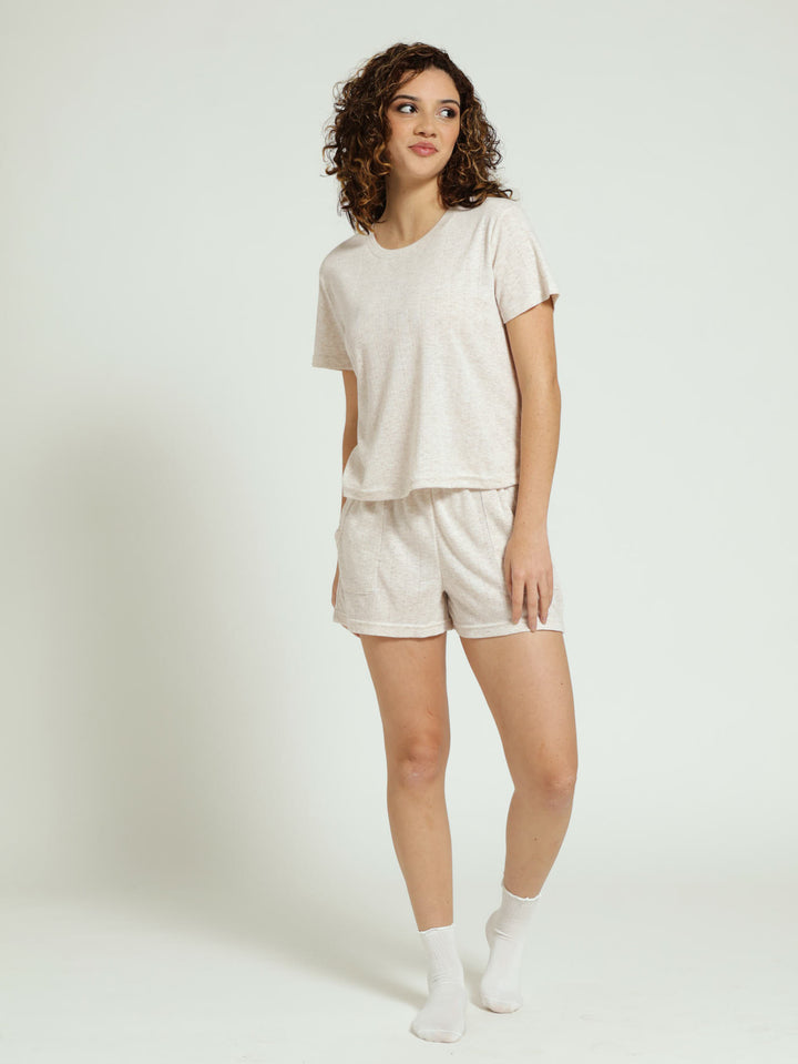 Regular Rib Knit Pointelle Pj Top - Oatmeal