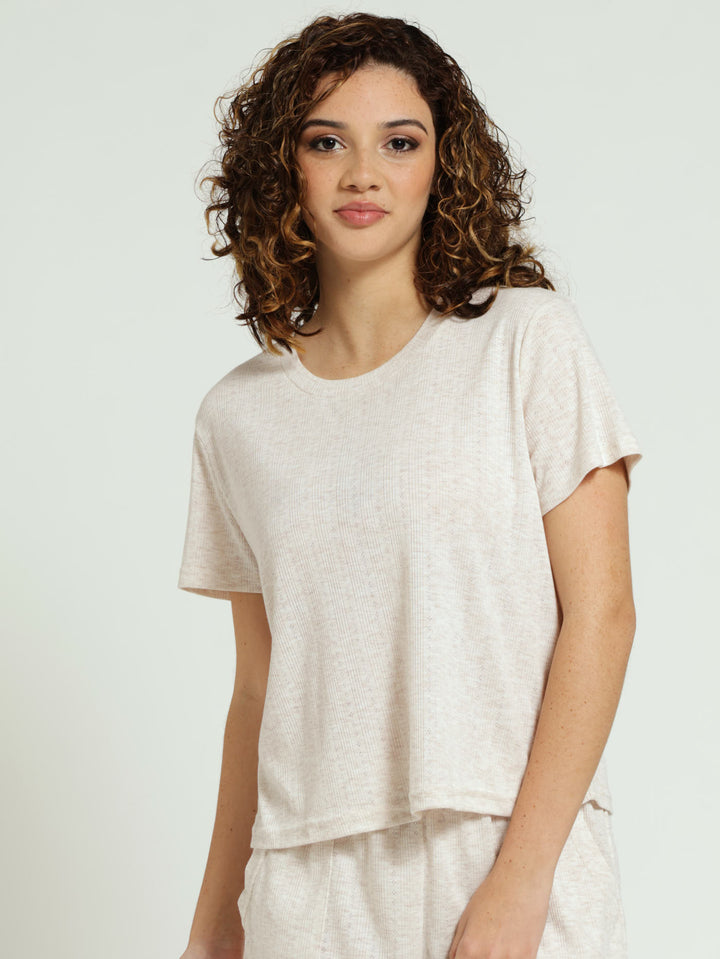 Regular Rib Knit Pointelle Pj Top - Oatmeal