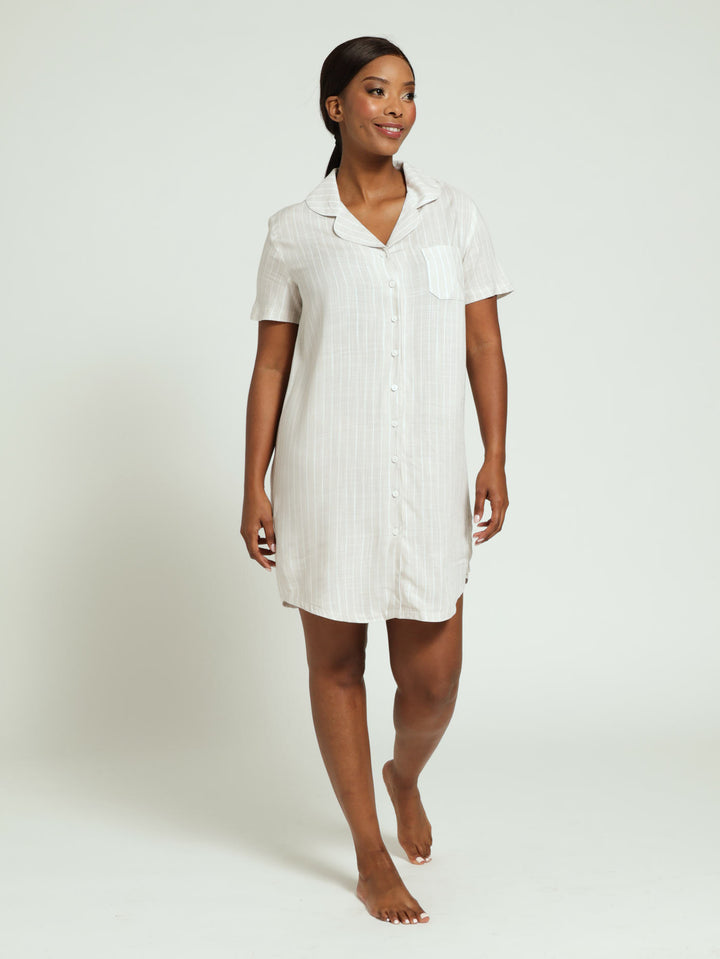 Woven Button Through Linen Stripe Sleepshirt - Light Stone