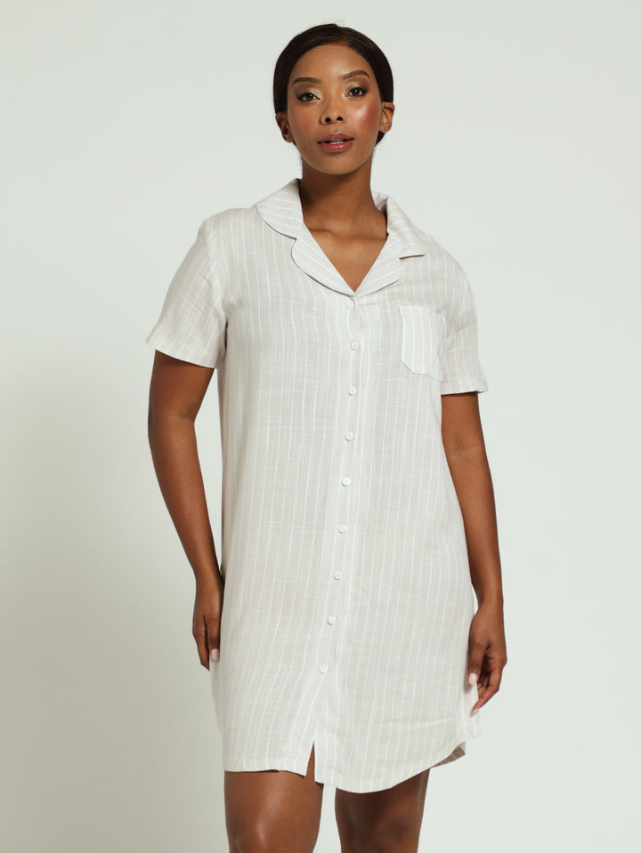 Woven Button Through Linen Stripe Sleepshirt - Light Stone