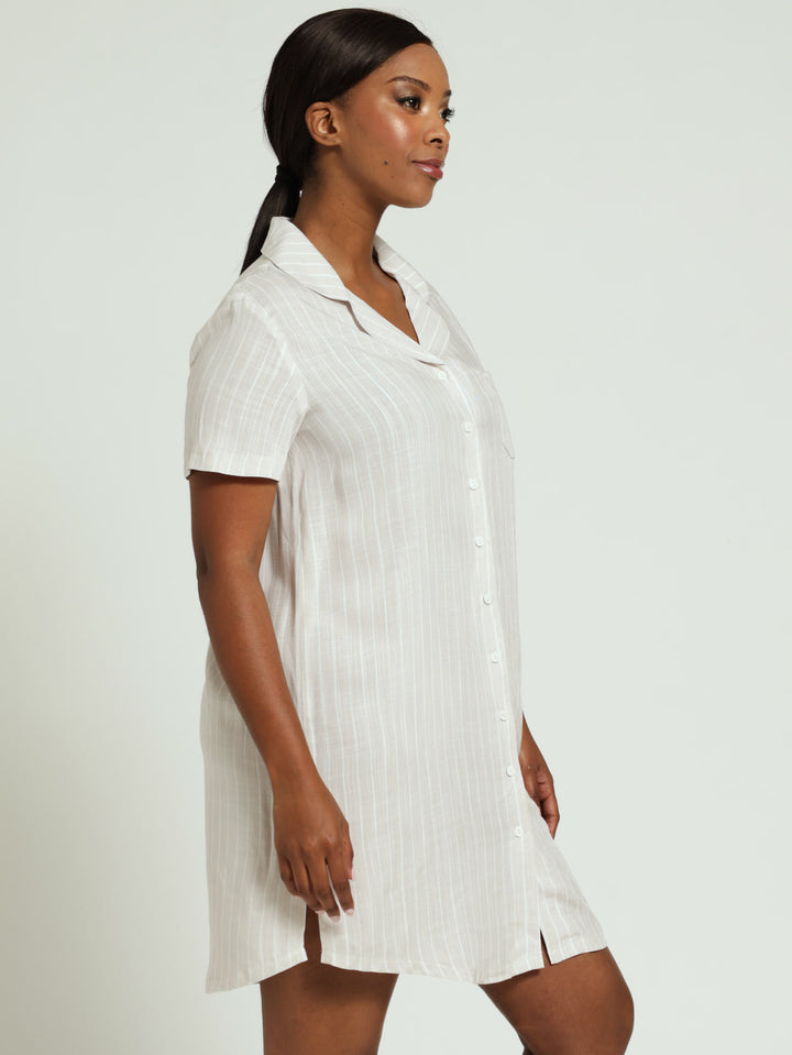 Woven Button Through Linen Stripe Sleepshirt - Light Stone