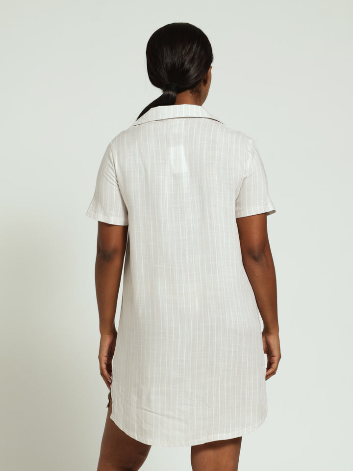 Woven Button Through Linen Stripe Sleepshirt - Light Stone