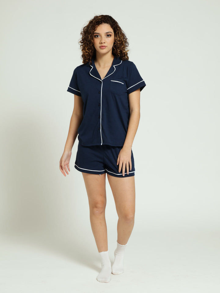 Knit Button Through Shirt & Short Pj Set - Navy