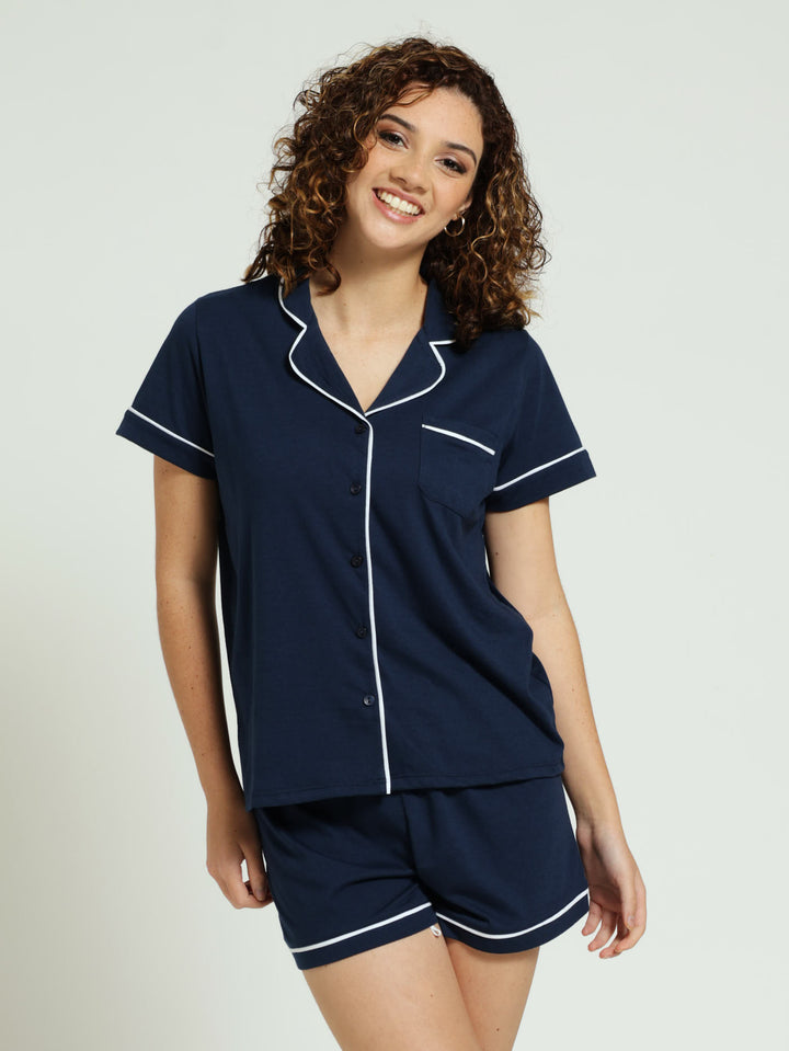 Knit Button Through Shirt & Short Pj Set - Navy