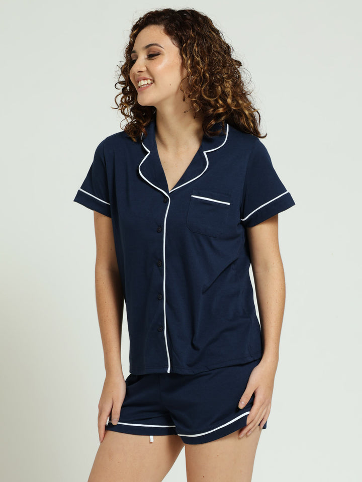 Knit Button Through Shirt & Short Pj Set - Navy