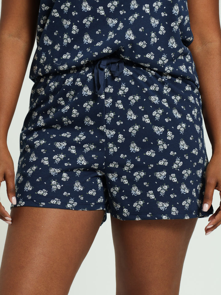 White Roses Pj Knit Short - Navy