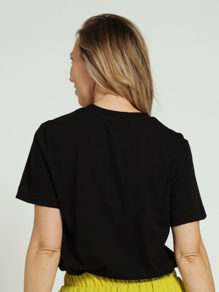 Cotton Boxy Tee With Rib Neck - Black