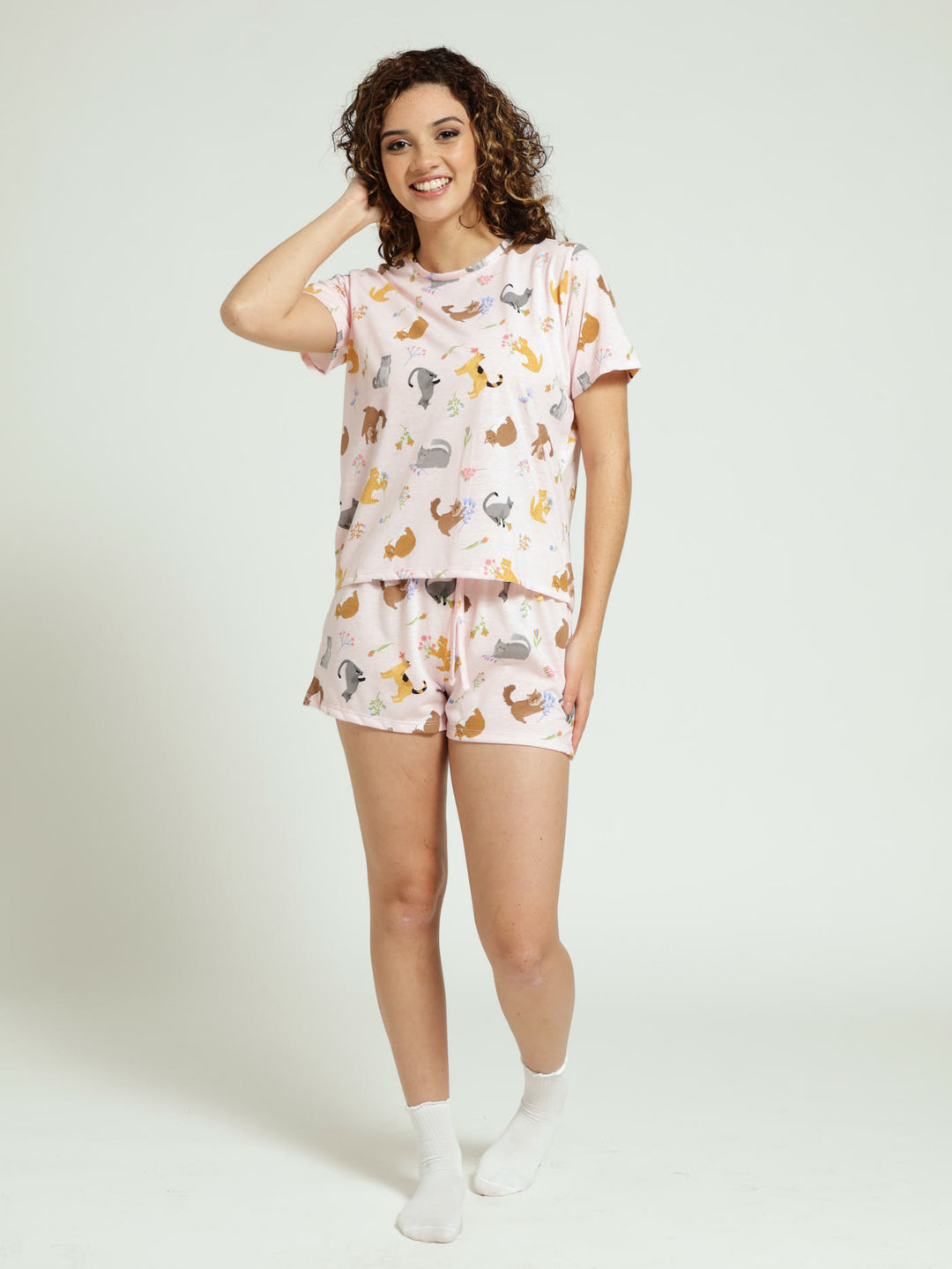 Cats Tee & Short Knit PJ Set - Light Pink