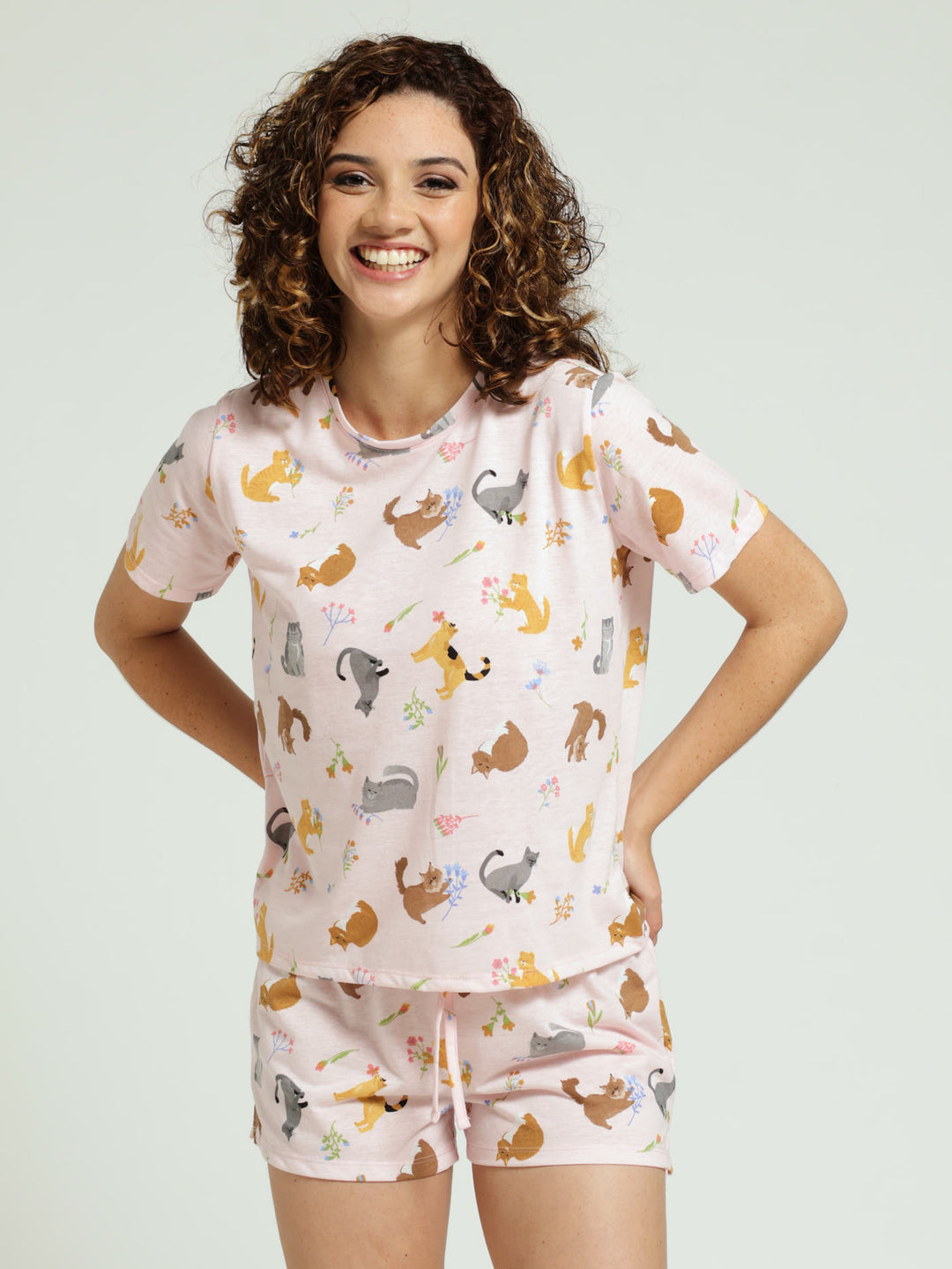 Cats Tee & Short Knit PJ Set - Light Pink