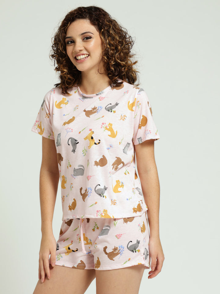 Cats Tee & Short Knit PJ Set - Light Pink