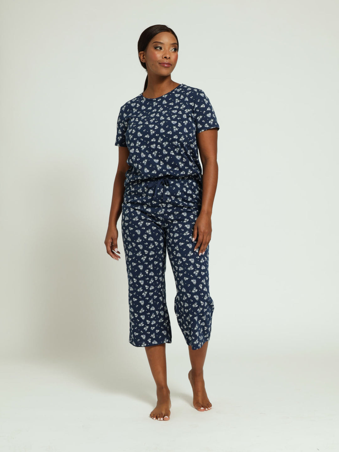 Capri White Roses Pj Pants - Navy