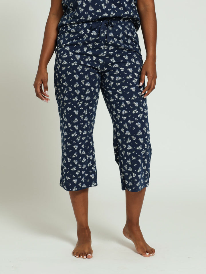 Capri White Roses Pj Pants - Navy