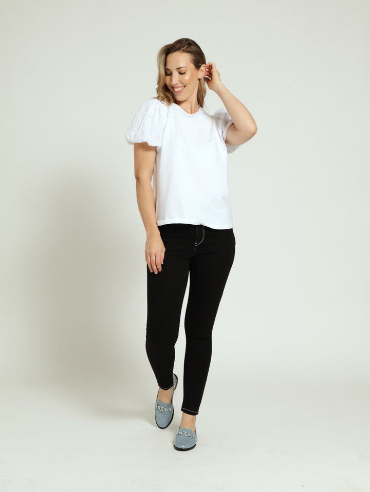 Anglaise Bubble Sleeve Combo Tee - White