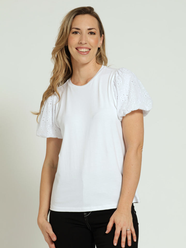 Anglaise Bubble Sleeve Combo Tee - White