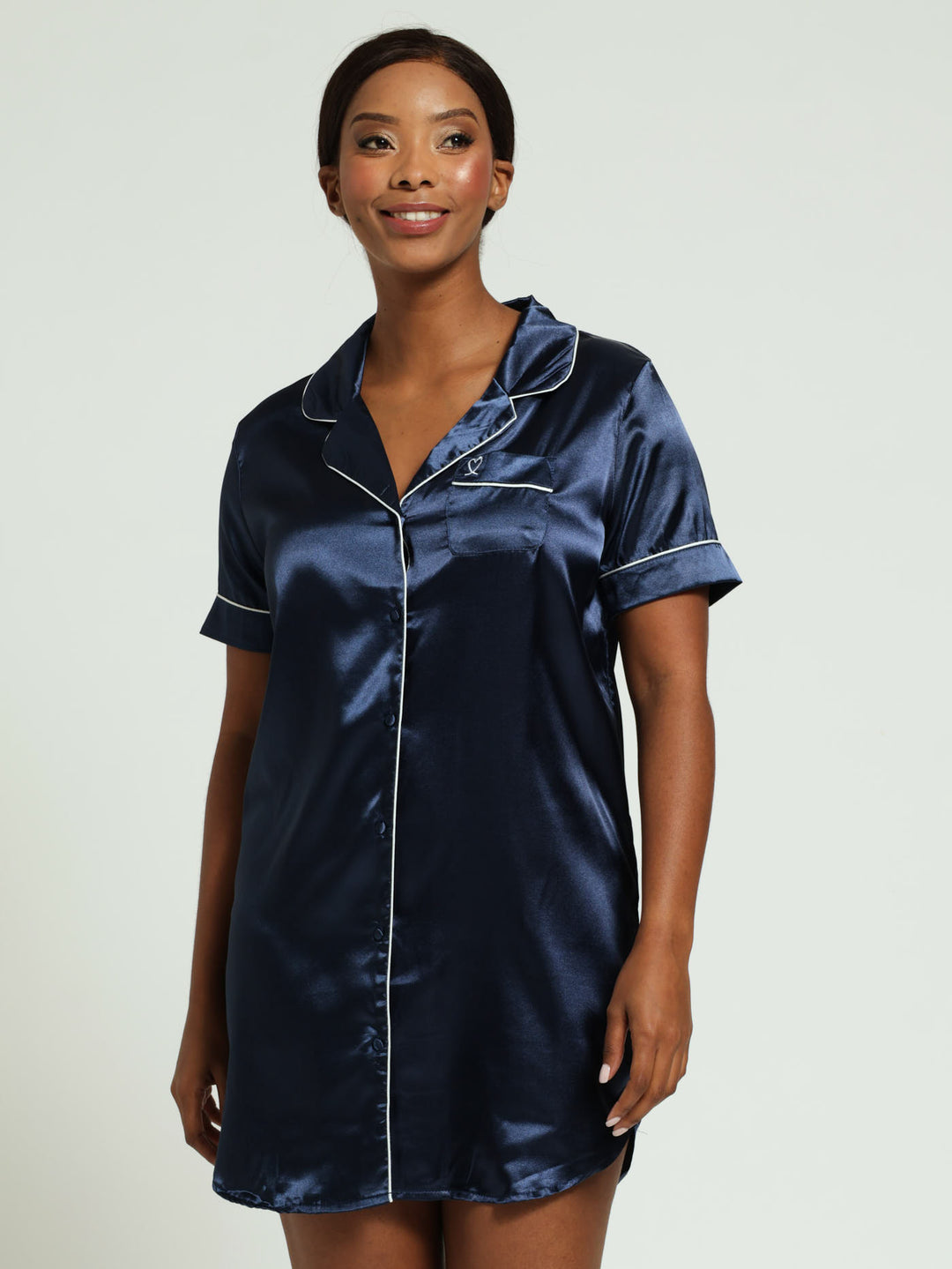 Satin Button Through Sleepshirt -Navy