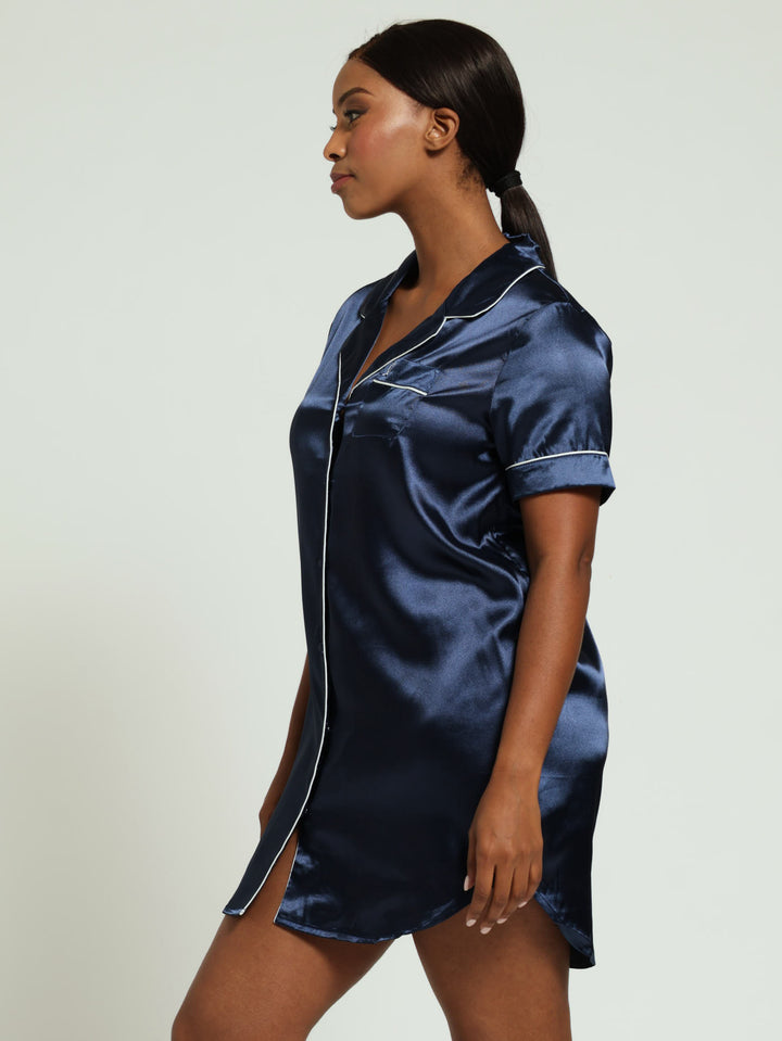 Satin Button Through Sleepshirt -Navy