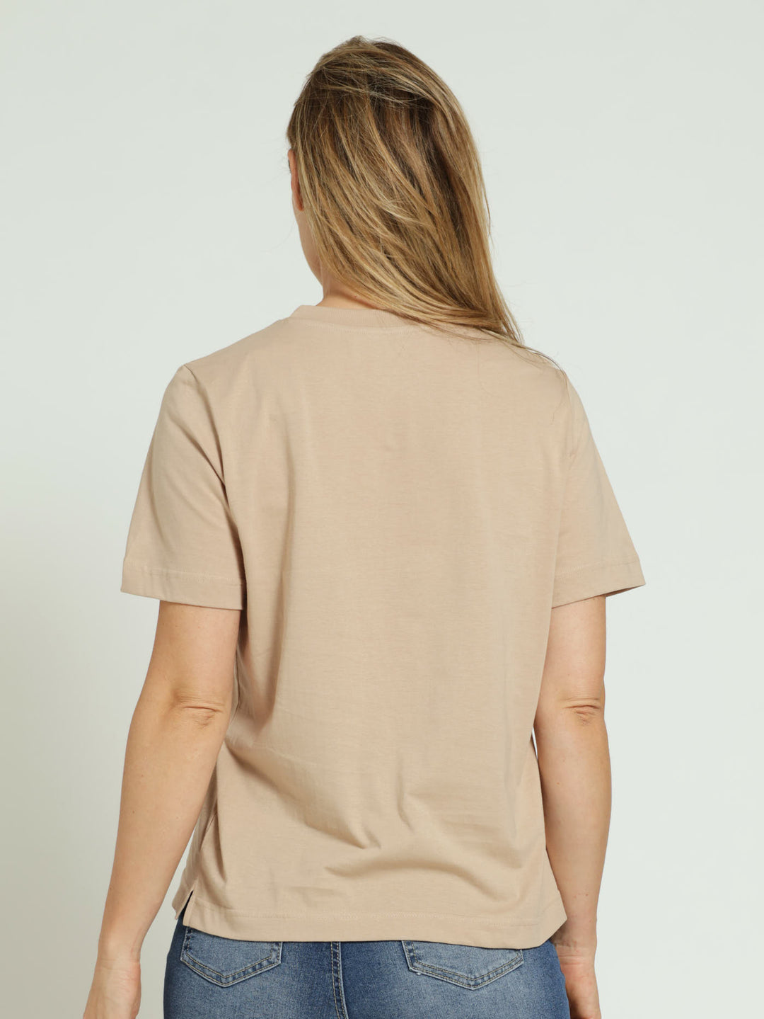 Cotton Boxy Tee With Rib Neck - Stone