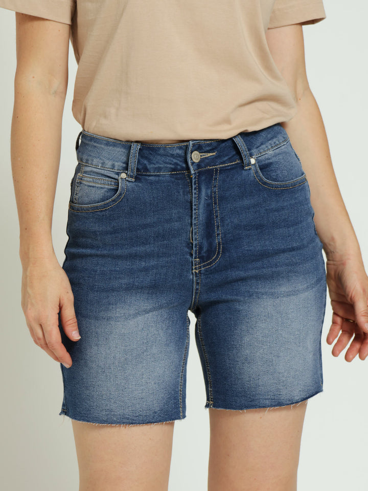 Straight Leg Raw Hem Bermuda Shorts - Medium Wash