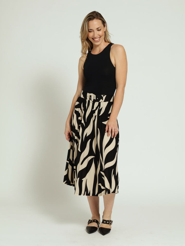 Belted Pleated Skirt - Black/Cream