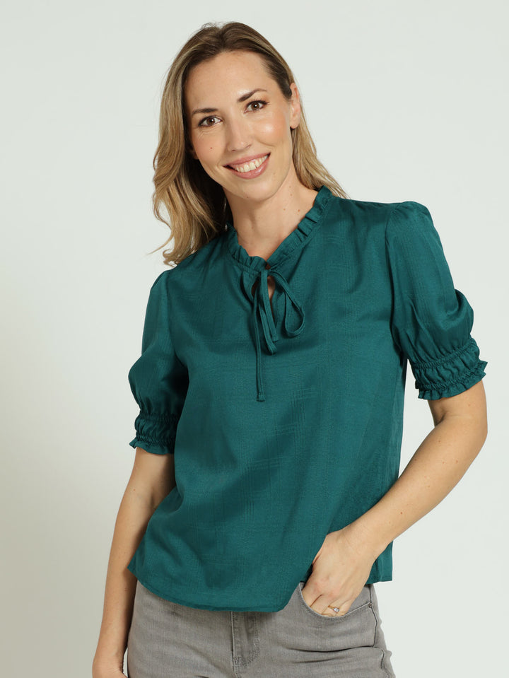 Tie Up Puff Sleeve Blouse - Teal