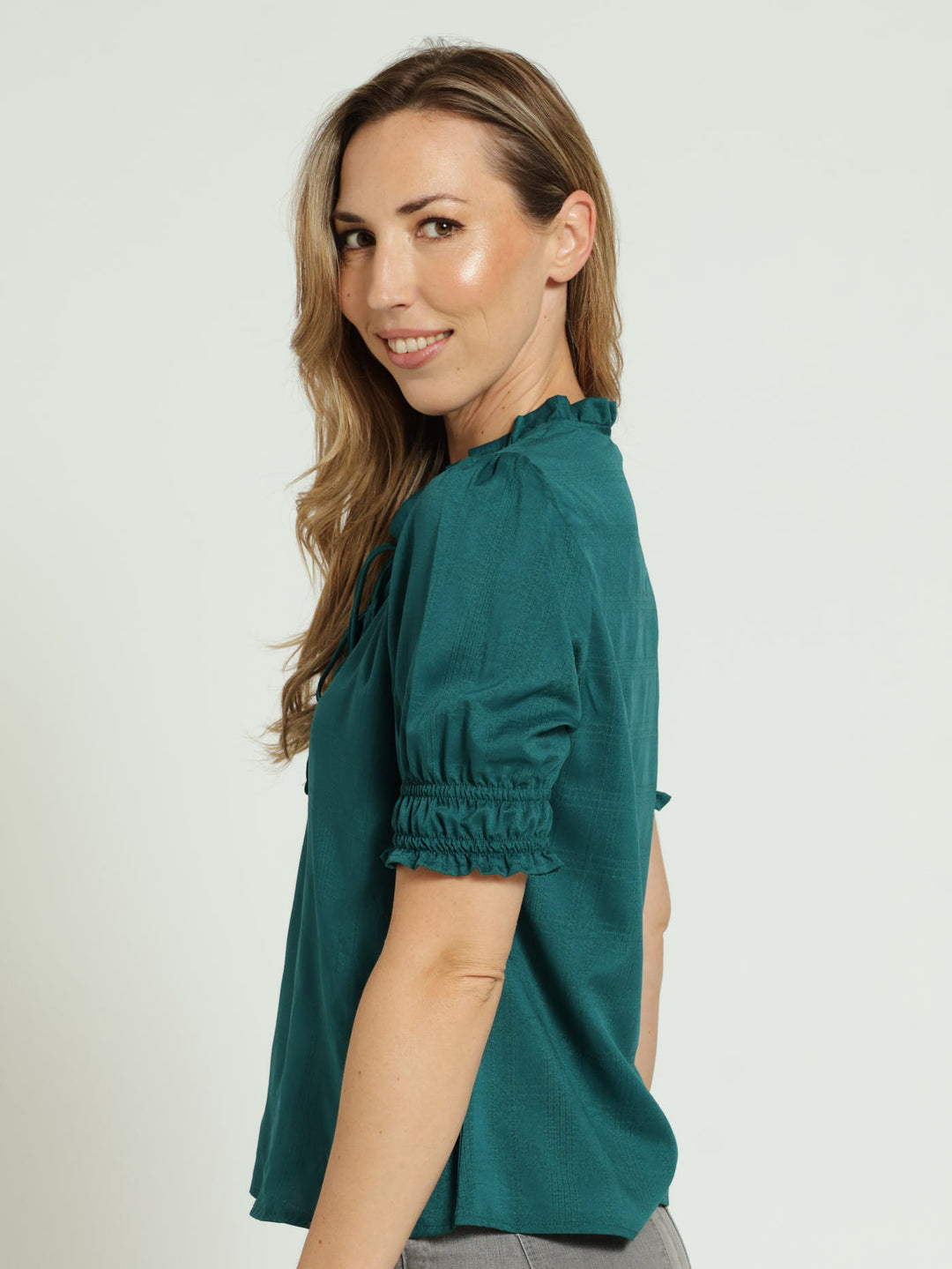 Tie Up Puff Sleeve Blouse - Teal