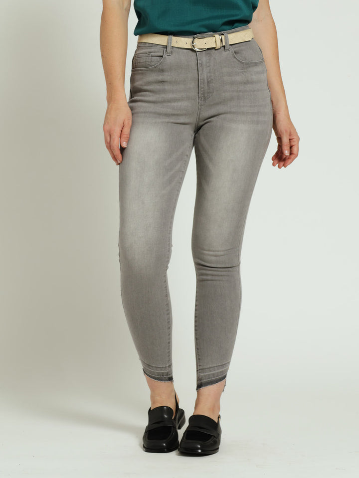 Belted Stepped Hem Skinny Denim Jean - Grey