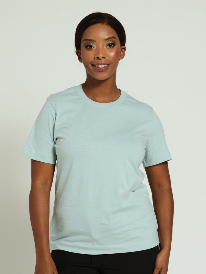 Cotton Boxy Tee With Rib Neck - Duck Egg