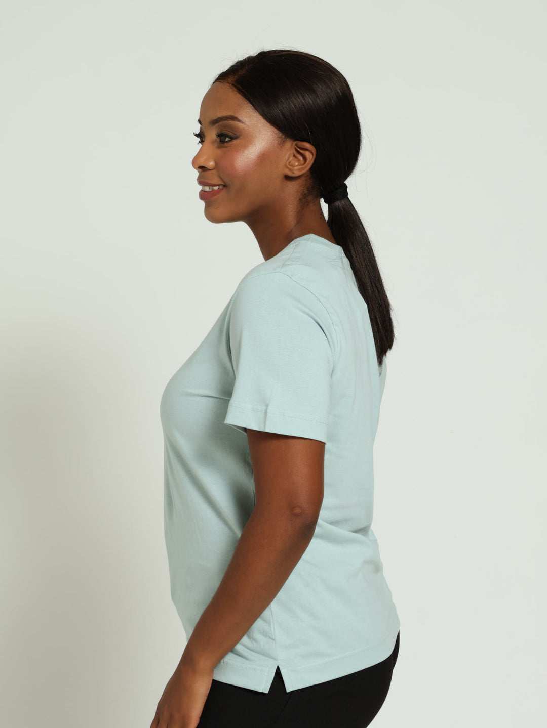 Cotton Boxy Tee With Rib Neck - Duck Egg