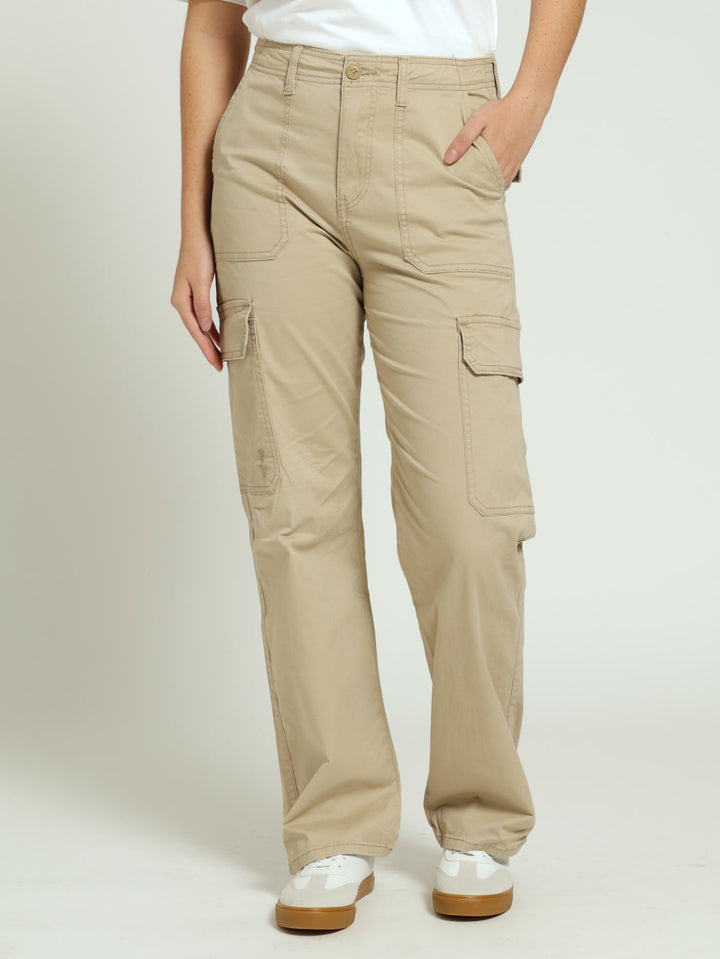 Stretch Twill Wide Leg Cargo Pants - Sand