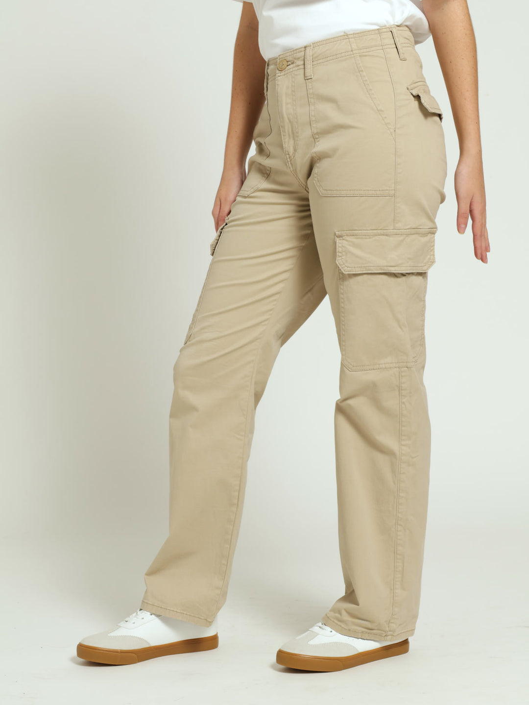 Stretch Twill Wide Leg Cargo Pants - Sand