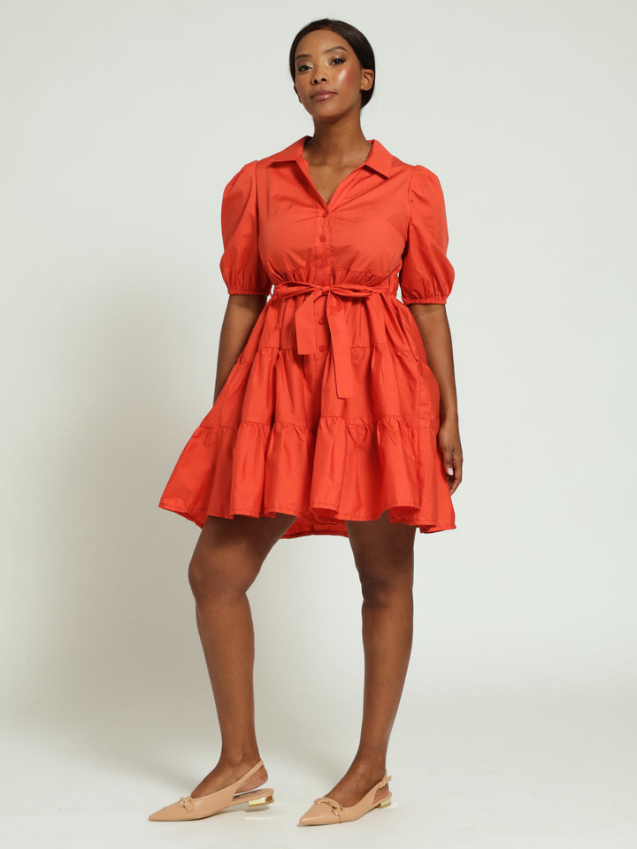 Collared Belted Tiered Shirt Dress - Burnt Orange