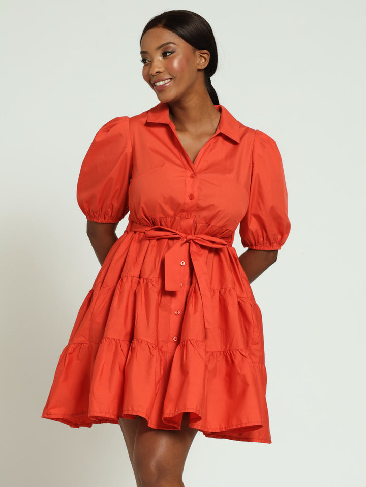 Collared Belted Tiered Shirt Dress - Burnt Orange