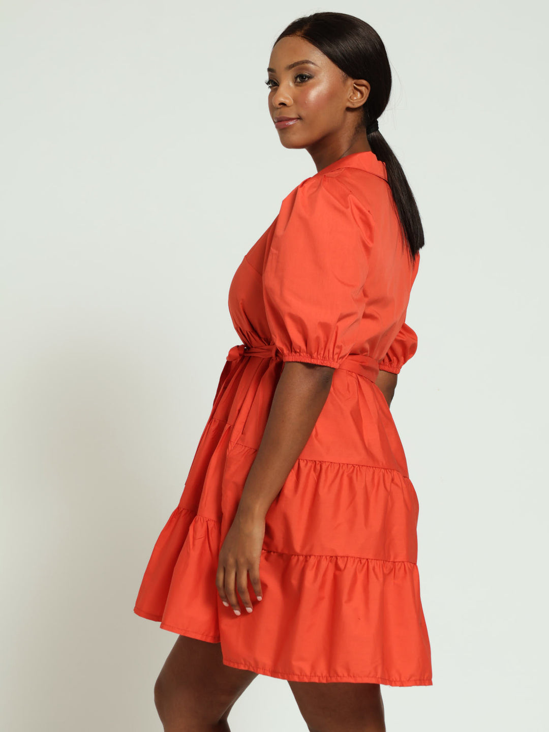 Collared Belted Tiered Shirt Dress - Burnt Orange