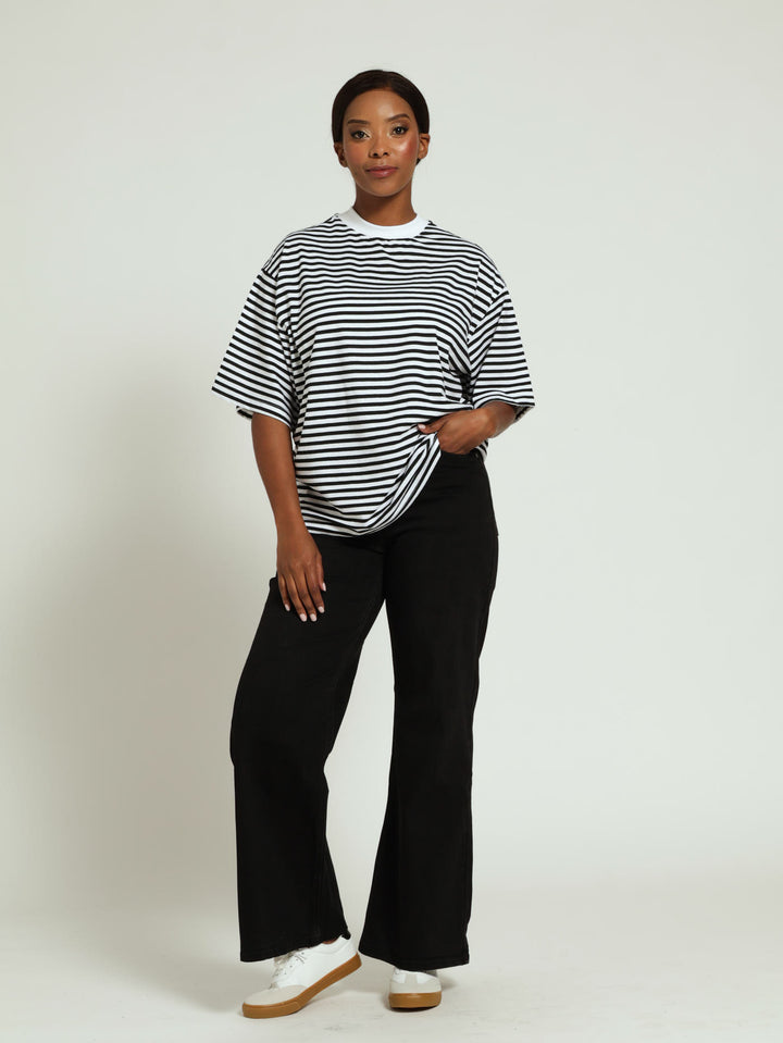 Drop Shoulder Stripe Boxy Tee - Black/White