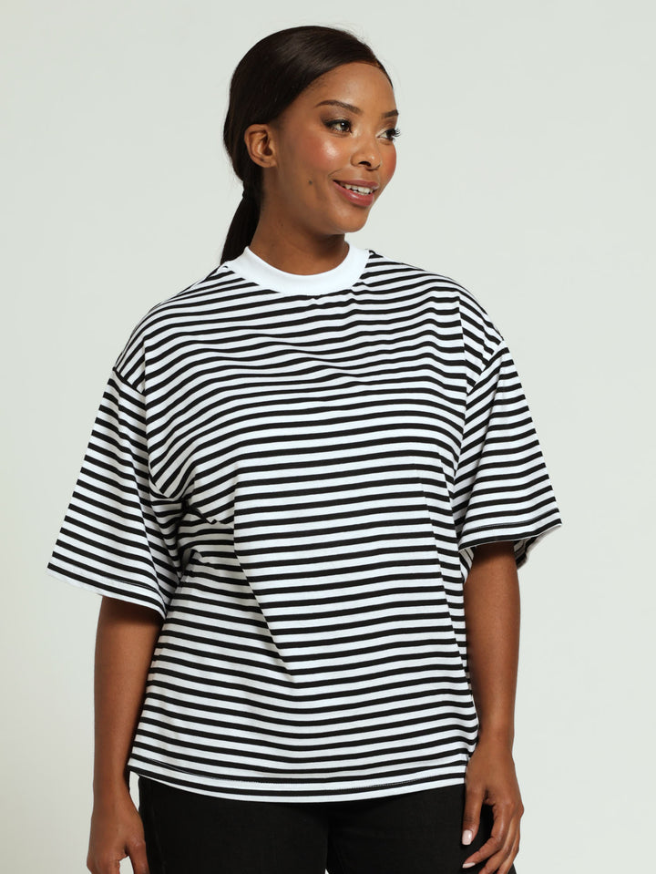 Drop Shoulder Stripe Boxy Tee - Black/White